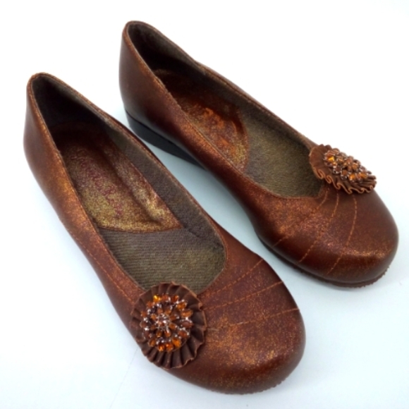 Gabrielle Rocha Bronze Jeweled Gem Flower Shoes 5.5 Brown Ballet Flats - Picture 13 of 13